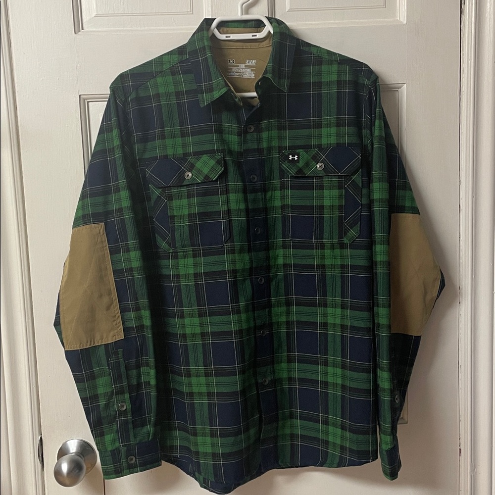 Under Armour Green Plaid Flannel Button Up Outdoor Cold Gear Shirt Men's Size S